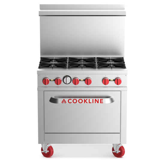 Cookline CR36-6-NG 36-inch 6 burner commercial gas range with oven natural gas for professional cooking in restaurants cafes and commercial kitchens