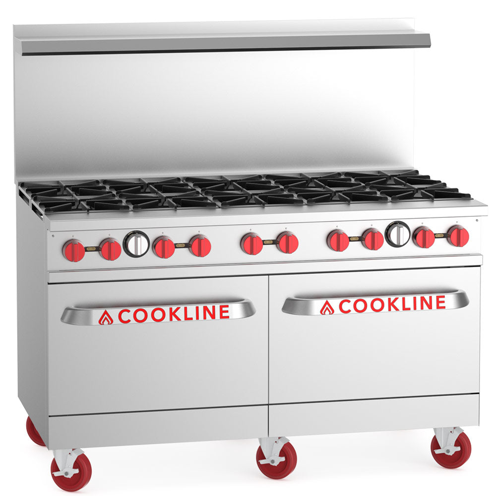 Cookline CR60-10-NG 60-inch natural gas commercial range with 10 burners and 2 ovens 362000 BTU for high-capacity cooking in restaurants cafes and commercial kitchens
