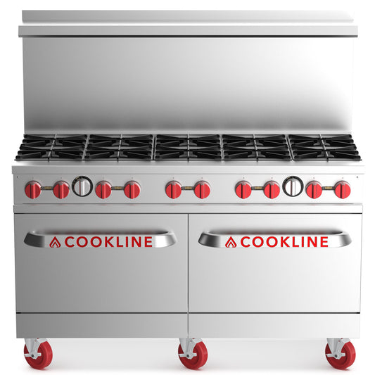 Cookline CR60-10-LP 60-inch liquid propane commercial range with 10 burners and 2 ovens 362000 BTU for high-capacity cooking in restaurants cafes and commercial kitchens