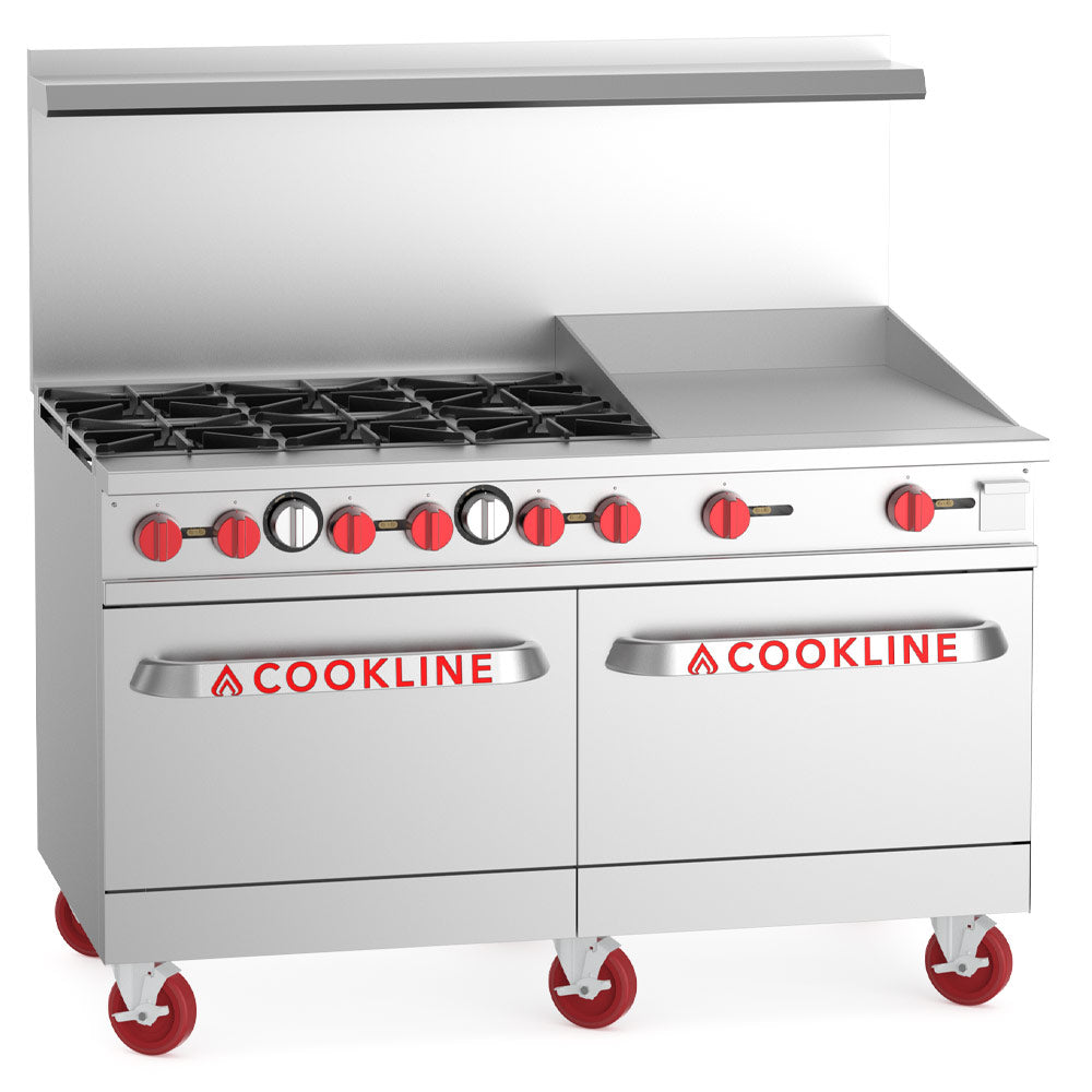 Cookline CR60-24G-LP 60-inch liquid propane commercial range with 6 burners, 2 ovens, and 24-inch flat griddle 282000 BTU for versatile cooking in restaurants cafes and commercial kitchens