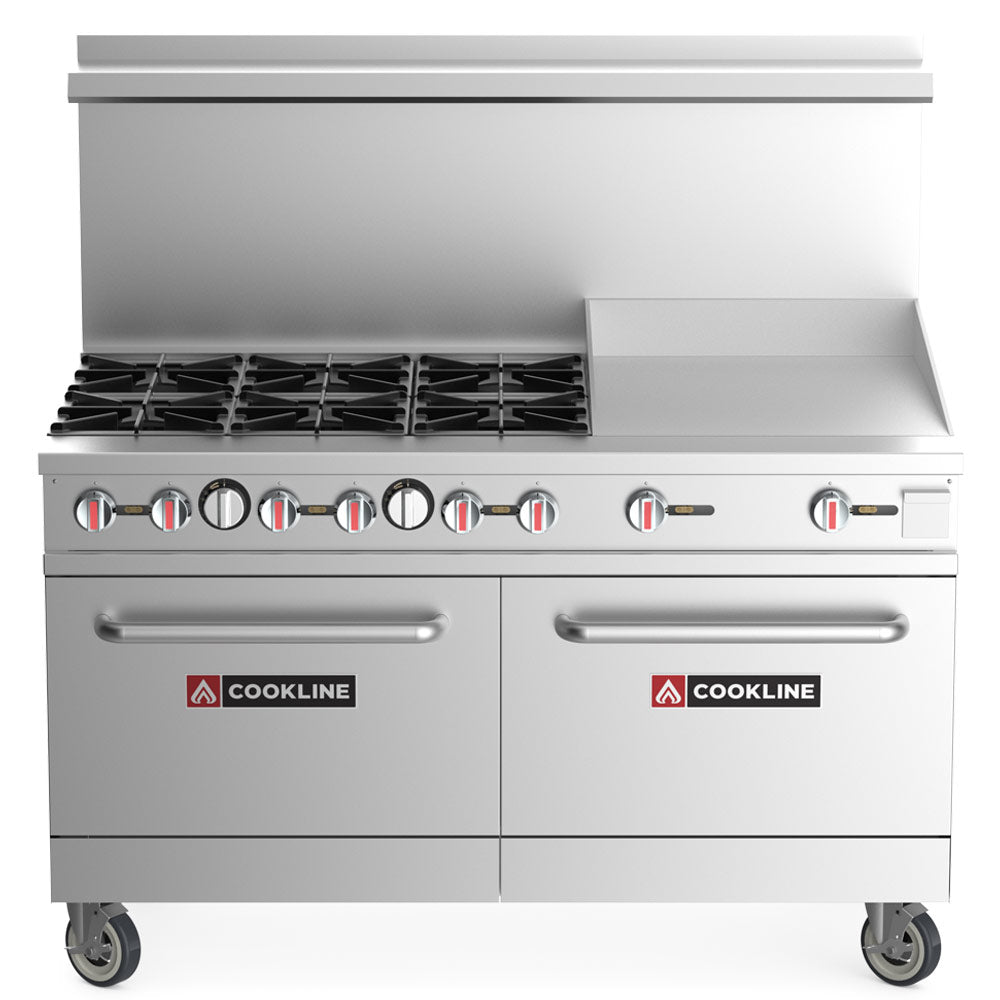 Cookline CR60-24G-NG 60-inch natural gas commercial range with 6 burners, 2 ovens, and 24-inch flat griddle 282000 BTU for versatile cooking in restaurants cafes and commercial kitchens