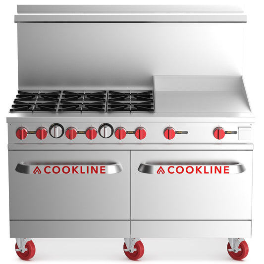 Cookline CR60-24G-NG 60-inch natural gas commercial range with 6 burners, 2 ovens, and 24-inch flat griddle 282000 BTU for versatile cooking in restaurants cafes and commercial kitchens