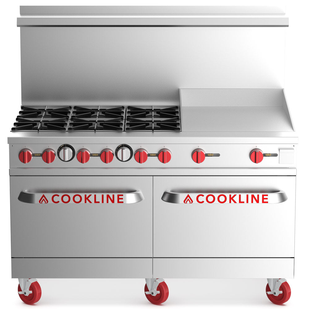 Cookline CR60-24G-LP 60-inch liquid propane commercial range with 6 burners, 2 ovens, and 24-inch flat griddle 282000 BTU for versatile cooking in restaurants cafes and commercial kitchens