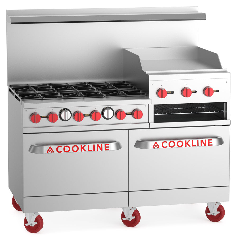 Cookline CR60-24RG-LP 60-inch liquid propane commercial range with 6 burners, 24-inch raised griddle and broiler 278000 BTU for high-output cooking in restaurants and commercial kitchens