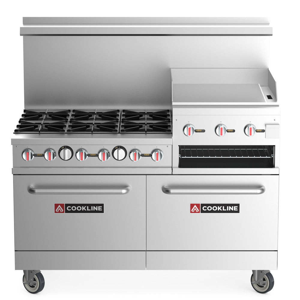 Cookline CR60-24RG-LP 60-inch liquid propane commercial range with 6 burners, 24-inch raised griddle and broiler 278000 BTU for high-output cooking in restaurants and commercial kitchens