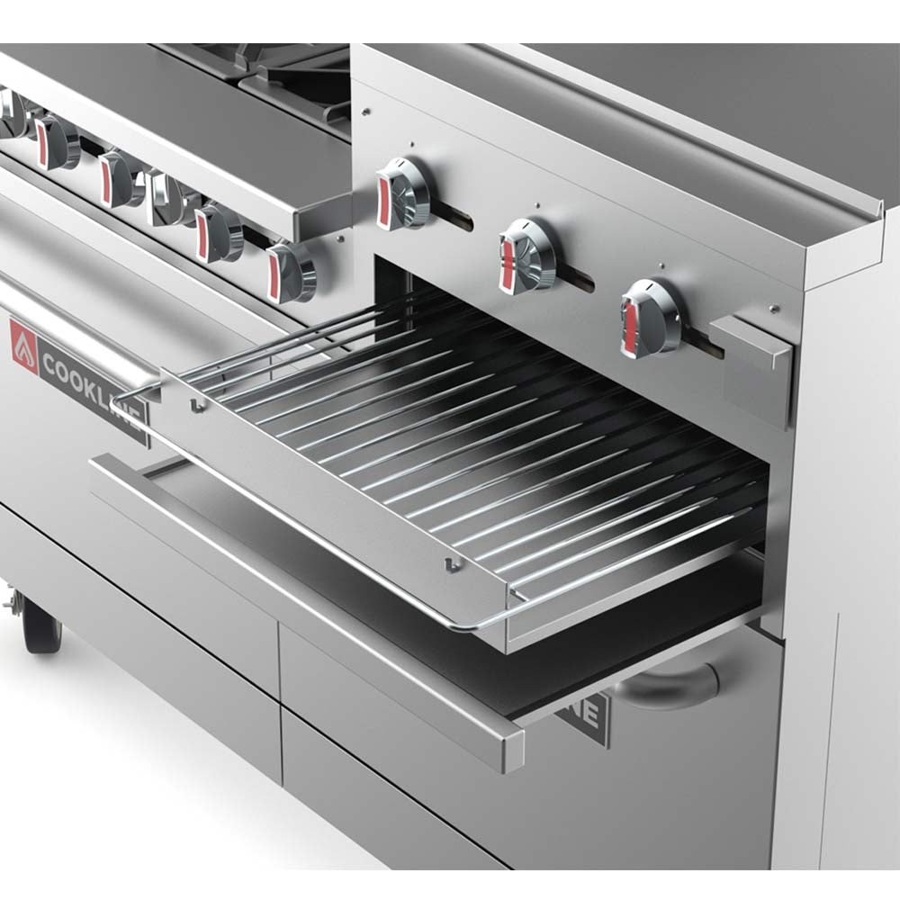 Cookline CR60-24RG-LP 60-inch liquid propane commercial range with 6 burners, 24-inch raised griddle and broiler 278000 BTU for high-output cooking in restaurants and commercial kitchens
