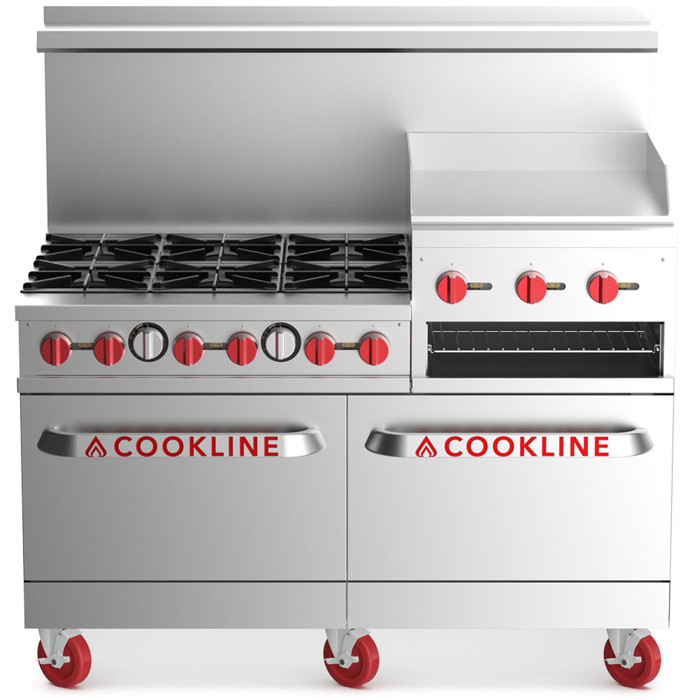 Cookline CR60-24RG-LP 60-inch liquid propane commercial range with 6 burners, 24-inch raised griddle and broiler 278000 BTU for high-output cooking in restaurants and commercial kitchens