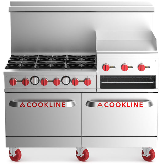 Cookline CR60-24RG-LP 60-inch liquid propane commercial range with 6 burners, 24-inch raised griddle and broiler 278000 BTU for high-output cooking in restaurants and commercial kitchens