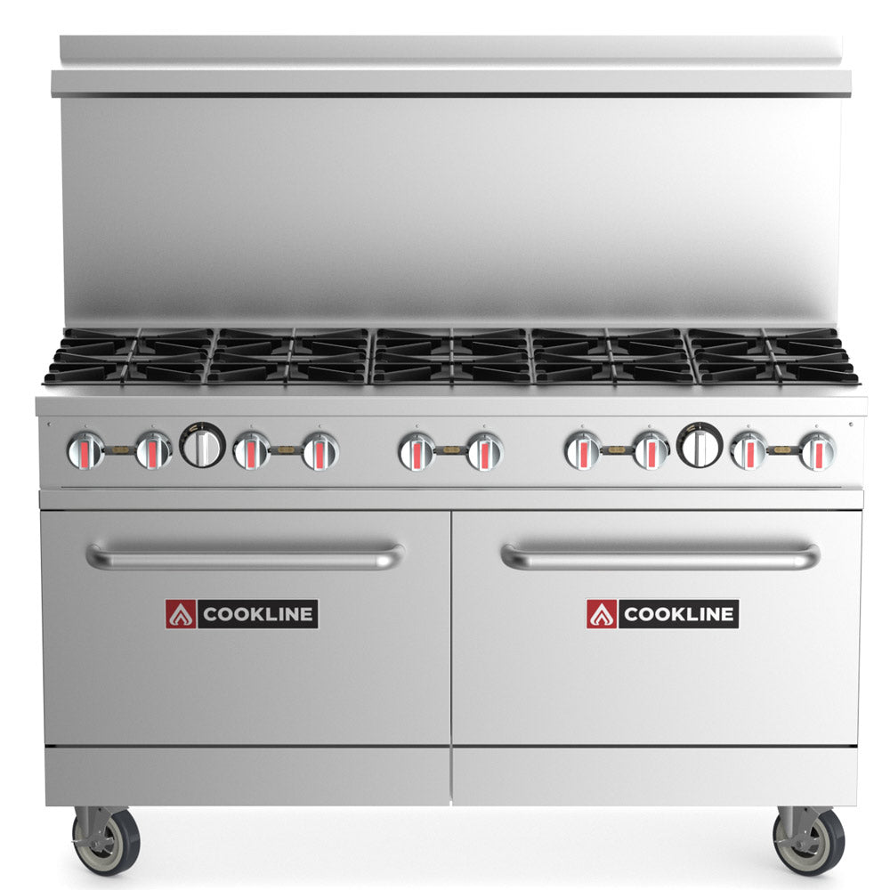 Cookline CR60-10-NG 60-inch natural gas commercial range with 10 burners and 2 ovens 362000 BTU for high-capacity cooking in restaurants cafes and commercial kitchens