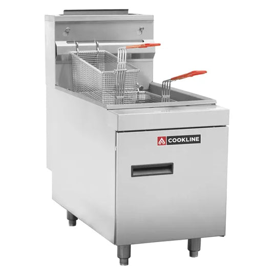 Cookline CTF3-NG Commercial 35 lb Natural Gas Stainless Steel Countertop Fryer - 66,000 BTU is a high-capacity countertop fryer designed for restaurants, cafés, and commercial kitchens needing fast, consistent frying performance. Its 66,000 BTU output and 35 lb oil capacity make it suitable for high-volume service, while stainless steel construction ensures durability and easy cleaning.