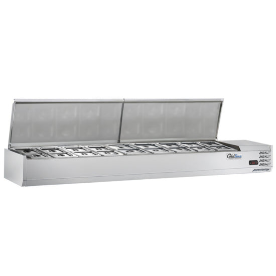 Coldline CTP80SS 80-inch refrigerated countertop salad bar with stainless steel topping rail, featuring 9 pans. Ideal for restaurants and cafeterias to keep salads and toppings fresh and chilled.