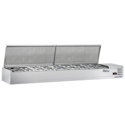 Coldline CTP80SS 80-inch refrigerated countertop salad bar with stainless steel topping rail, featuring 9 pans. Ideal for restaurants and cafeterias to keep salads and toppings fresh and chilled.