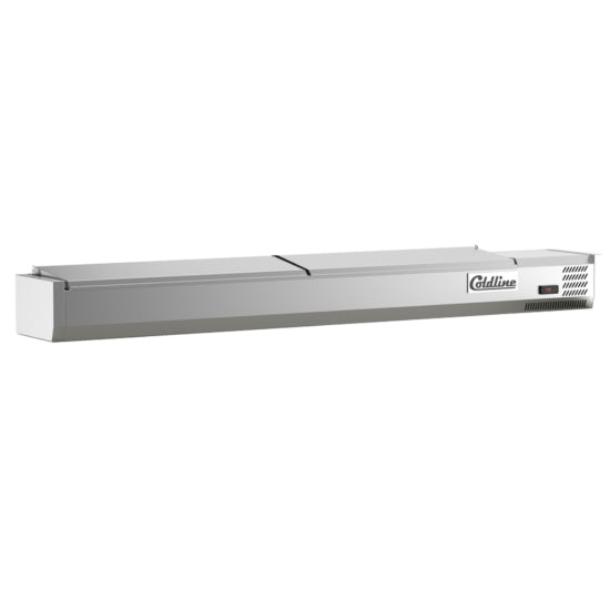 Coldline CTP80SS 80-inch refrigerated countertop salad bar with stainless steel topping rail, featuring 9 pans. Ideal for restaurants and cafeterias to keep salads and toppings fresh and chilled.