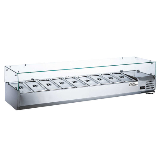 Coldline CTP80SG 80-inch refrigerated countertop salad bar with glass topping rail, featuring 9 pans. Ideal for restaurants and cafeterias, this unit keeps salads and toppings fresh and visible.