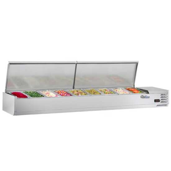 Coldline CTP80SS 80-inch refrigerated countertop salad bar with stainless steel topping rail, featuring 9 pans. Ideal for restaurants and cafeterias to keep salads and toppings fresh and chilled.