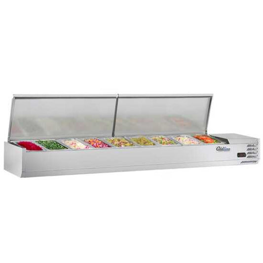 Coldline CTP80SS 80-inch refrigerated countertop salad bar with stainless steel topping rail, featuring 9 pans. Ideal for restaurants and cafeterias to keep salads and toppings fresh and chilled.