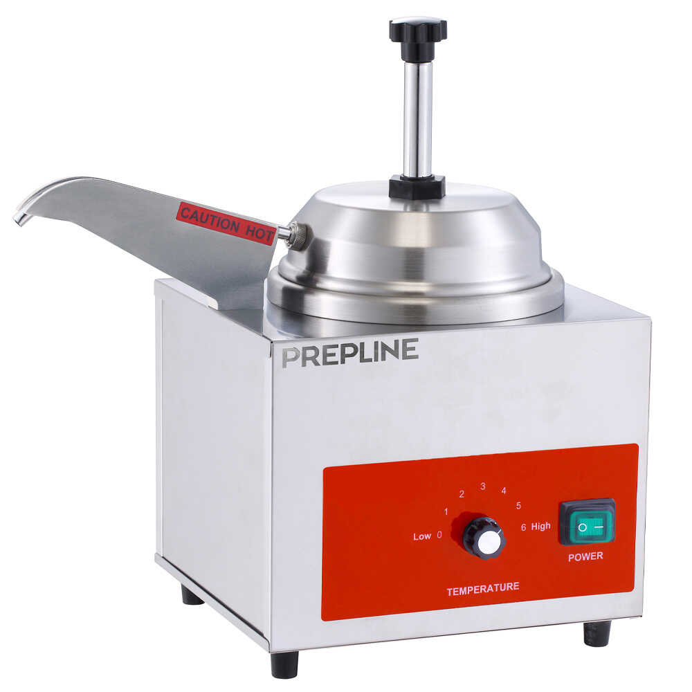 Prepline CW3-5 3.5 qt. cheese warmer with pump and heating spout, operating on 120V, designed for keeping cheese sauces warm and dispensing easily in commercial kitchens.