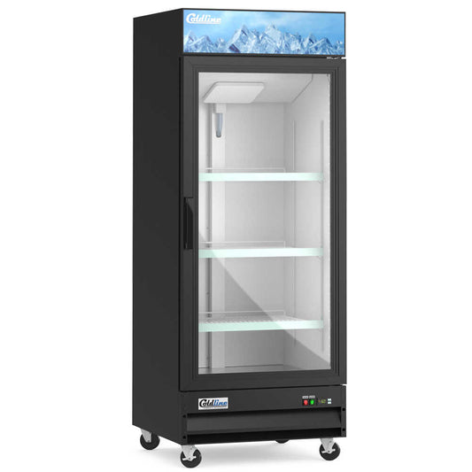 Coldline D10-B 27-inch glass door merchandiser freezer with LED lighting and a black exterior. This unit features a single glass door for easy access and visibility of frozen products, making it ideal for retail and foodservice environments. The built-in LED lighting provides bright, even illumination to enhance product presentation. The sleek black finish complements modern commercial spaces, while the freezer's design ensures efficient storage and display of frozen goods.