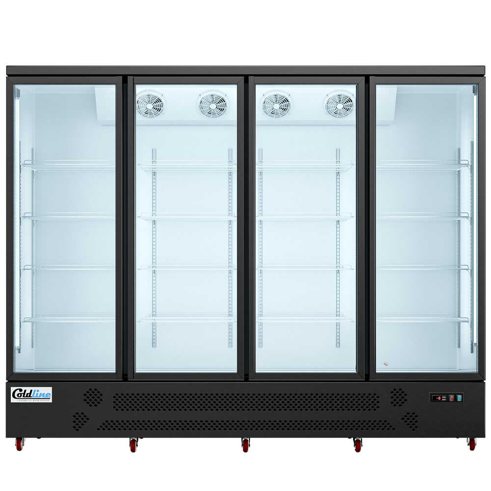 Coldline D4-B 98-inch four-glass door merchandiser freezer with LED lighting and a black exterior. This large unit offers excellent visibility and easy access for frozen products, perfect for high-traffic settings.