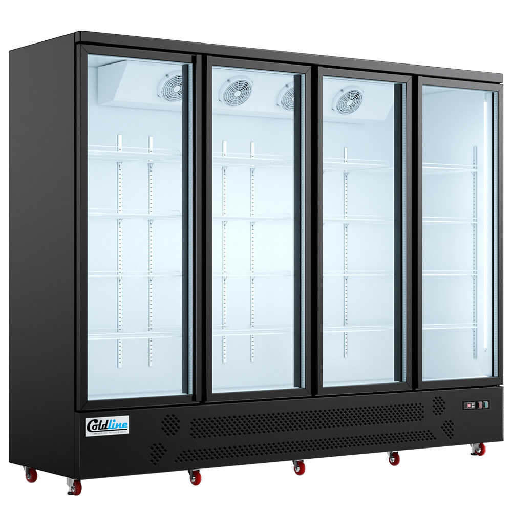 Coldline D4-B 98-inch four-glass door merchandiser freezer with LED lighting and a black exterior. This large unit offers excellent visibility and easy access for frozen products, perfect for high-traffic settings.