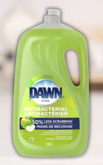 Dawn Ultra Antibacterial Dishwashing Liquid, Apple Blossom scent, 2.64 L bottle for tough grease removal and fresh-smelling dishes.