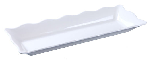 Yanco Scallop Edged Display Tray DC-6117W 6/Pcs Ideal for serving hot or cold appetizers, slices of bread, desserts, and other food for the entire table. Made from melamine material, it is popular for being reliable and having an unbreakable structure. The stylish Deli collection has a distinctive appearance featuring dinnerware With a glossy finish. It can be used in restaurants and catered events, outdoor dining areas, diners and cafes, and even hotels and poolside parties.