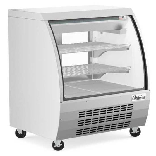The Coldline DC36-SS is a 36-inch refrigerated curved glass deli meat display case in stainless steel, offering a sleek and hygienic way to showcase and keep deli meats fresh in a retail setting.