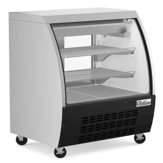 The Coldline DC36-B is a 36-inch refrigerated curved glass deli meat display case in black, designed to showcase deli meats while keeping them fresh and visible in a sleek, professional display.
