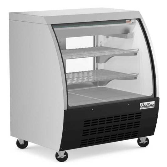 The Coldline DC36-B is a 36-inch refrigerated curved glass deli meat display case in black, designed to showcase deli meats while keeping them fresh and visible in a sleek, professional display.
