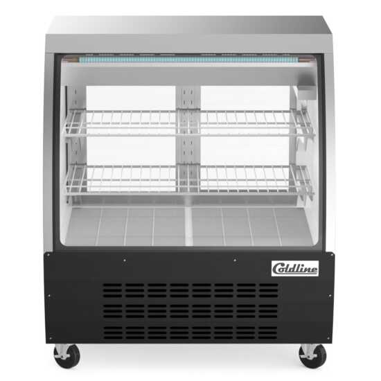 The Coldline DC36-B is a 36-inch refrigerated curved glass deli meat display case in black, designed to showcase deli meats while keeping them fresh and visible in a sleek, professional display.