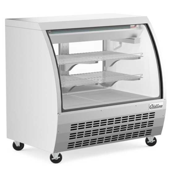 The Coldline DC48-SS is a 48-inch refrigerated curved glass deli meat display case in stainless steel, designed to maintain freshness and provide clear visibility for deli meats in a sleek, modern display.