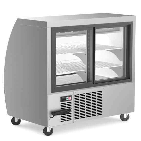 The Coldline DC48-B is a 48-inch refrigerated curved glass deli meat display case in black, designed to keep deli meats fresh while providing clear visibility and a stylish presentation in retail settings.