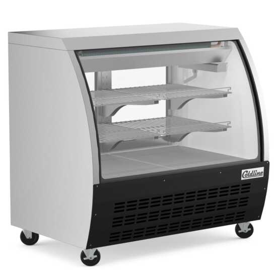 The Coldline DC48-B is a 48-inch refrigerated curved glass deli meat display case in black, designed to keep deli meats fresh while providing clear visibility and a stylish presentation in retail settings.