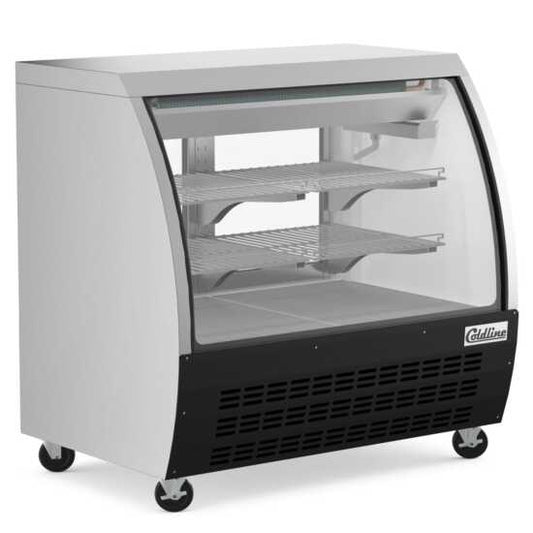 The Coldline DC48-B is a 48-inch refrigerated curved glass deli meat display case in black, designed to keep deli meats fresh while providing clear visibility and a stylish presentation in retail settings.