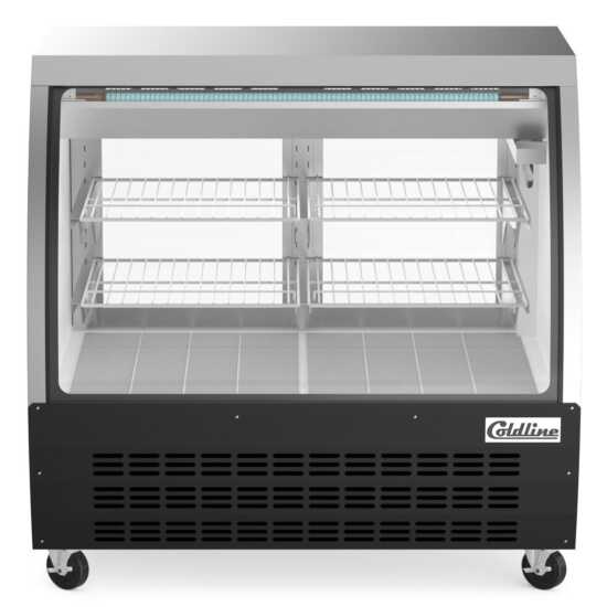The Coldline DC48-B is a 48-inch refrigerated curved glass deli meat display case in black, designed to keep deli meats fresh while providing clear visibility and a stylish presentation in retail settings.