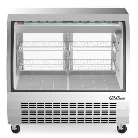 The Coldline DC48-SS is a 48-inch refrigerated curved glass deli meat display case in stainless steel, designed to maintain freshness and provide clear visibility for deli meats in a sleek, modern display.