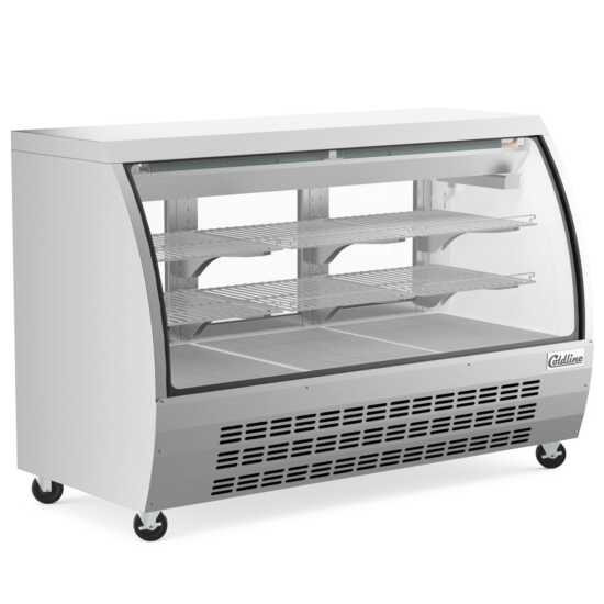 The Coldline DC64-SS is a 64-inch refrigerated curved glass deli meat display case in stainless steel, designed to keep deli meats fresh while offering clear visibility and a modern, professional presentation.