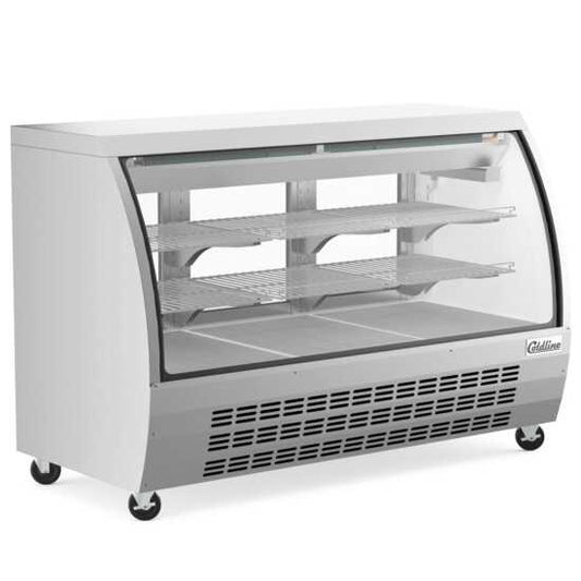 The Coldline DC64-SS is a 64-inch refrigerated curved glass deli meat display case in stainless steel, designed to keep deli meats fresh while offering clear visibility and a modern, professional presentation.