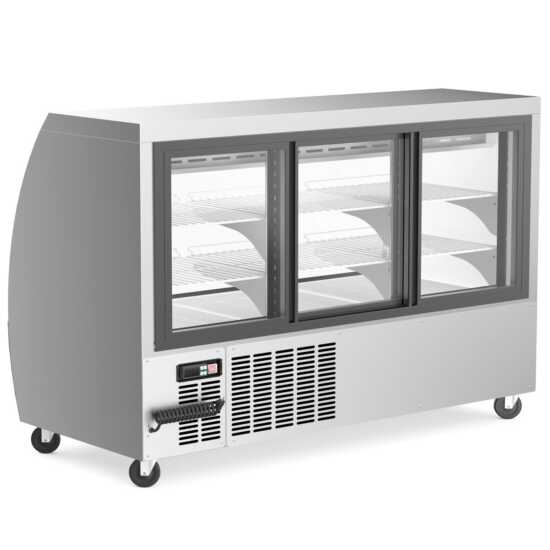 The Coldline DC64-SS is a 64-inch refrigerated curved glass deli meat display case in stainless steel, designed to keep deli meats fresh while offering clear visibility and a modern, professional presentation.