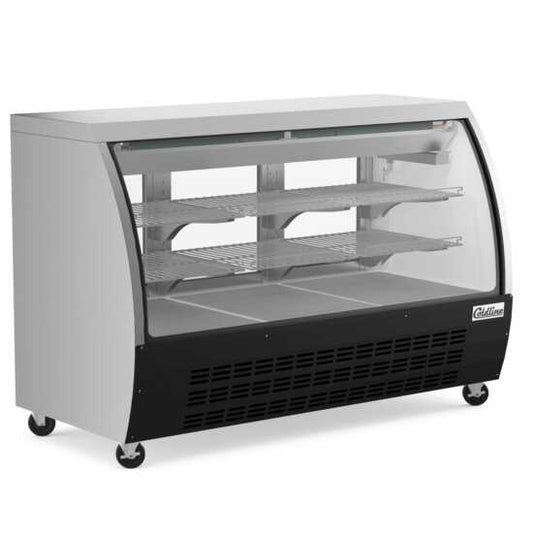 The Coldline DC64-B is a 64-inch refrigerated curved glass deli meat display case in black, ideal for showcasing deli meats while keeping them fresh and visible in a sleek, professional display.