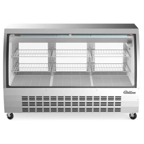 The Coldline DC64-SS is a 64-inch refrigerated curved glass deli meat display case in stainless steel, designed to keep deli meats fresh while offering clear visibility and a modern, professional presentation.