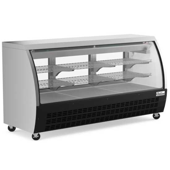 The Coldline DC80-B is an 80-inch refrigerated curved glass deli meat display case in black, designed to showcase deli meats while keeping them fresh, visible, and attractively presented in retail settings.