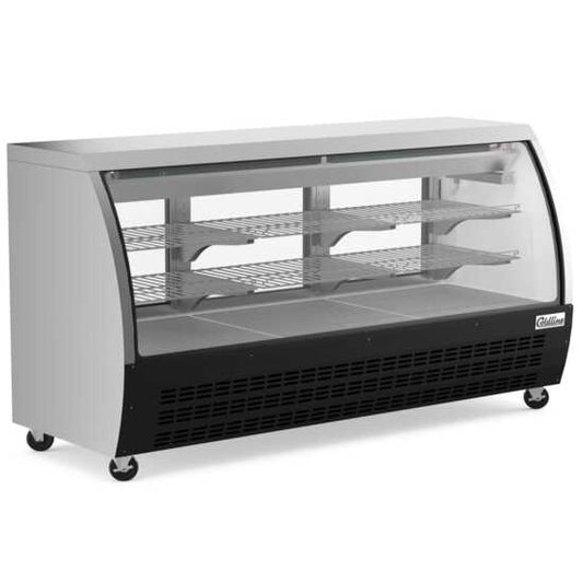 The Coldline DC80-B is an 80-inch refrigerated curved glass deli meat display case in black, designed to showcase deli meats while keeping them fresh, visible, and attractively presented in retail settings.