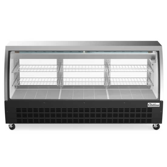 The Coldline DC80-B is an 80-inch refrigerated curved glass deli meat display case in black, designed to showcase deli meats while keeping them fresh, visible, and attractively presented in retail settings.