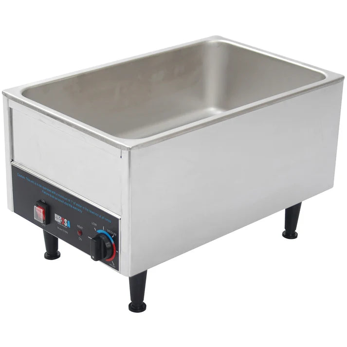 Benchmark Food Warmer 1/Pack countertop stainless steel food pan warmer. This unit is made from a durable 18/8 stainless steel material that will guarantee a long life span of service. The 51096 has an adjustable thermostat for you to customize your warmer for virtually any food or any setting. The extra long legs on the product also give you a very convenient way to clean around the warmer. The dimensions of the inside on this warmer are 12" x 20".