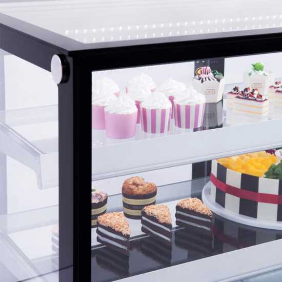 The Marchia MBT72-ST 72-inch Straight Glass Refrigerated Bakery Display Case, designed for showcasing a wide selection of pastries, cakes, and desserts while keeping them fresh and at the perfect temperature. Ideal for large bakeries, cafés, and delis