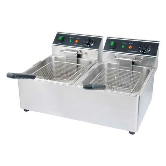 Cookline DF15-2-220 22" Dual Tank Electric Countertop Deep Fryer, 30 lb capacity, 220V, ideal for commercial kitchens, allowing simultaneous frying for increased efficiency and versatility.