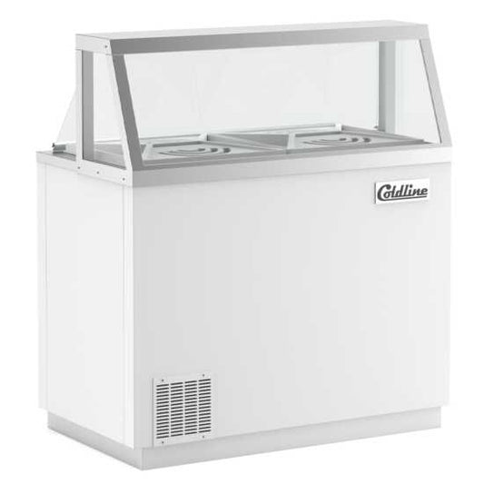 Coldline DIP-46 47-inch ice cream dipping cabinet freezer with an 8-tub capacity. Designed for storing and serving ice cream in commercial spaces, ideal for cafes and dessert shops.