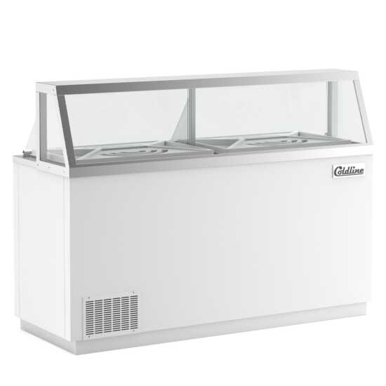 The Coldline DIP-66 is a 68" ice cream dipping cabinet freezer with a 12-tub capacity, designed for commercial use in ice cream shops. It keeps ice cream at optimal serving temperature for easy scooping.