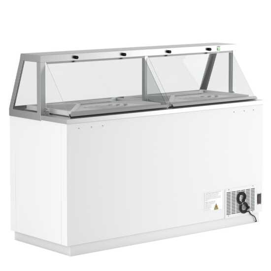 The Coldline DIP-66 is a 68" ice cream dipping cabinet freezer with a 12-tub capacity, designed for commercial use in ice cream shops. It keeps ice cream at optimal serving temperature for easy scooping.
